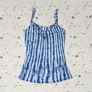 Y2K 2000s Cami Henley Tank Top Tie Dye Blue Lilu Ribbed Boho Surfer Medium